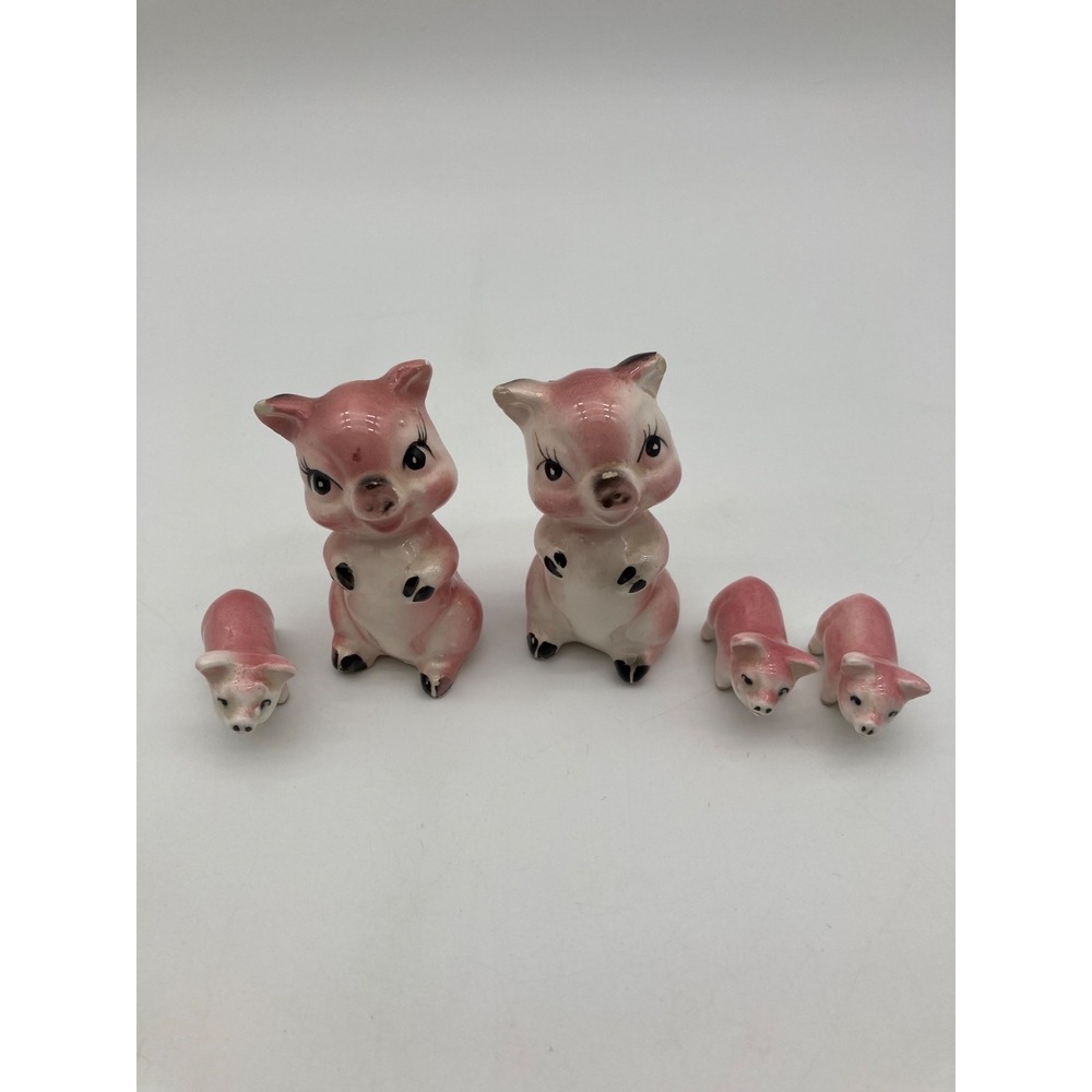Vintage Japan Pink Pig Family Ceramic Figurines 5 Piece Set Piglets Kitsch